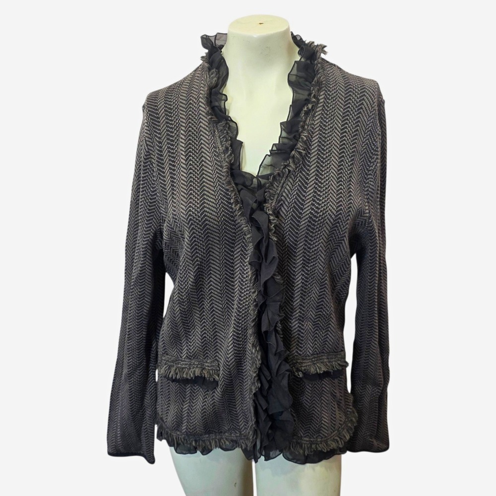 Dana Buchman Cardigan L Gray Herringbone Ruffle Fringe Cotton Sweater Jacket